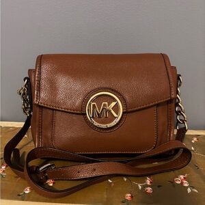 Michael Kors Margo Brown Leather Gold Chain Messenger Crossbody Bag